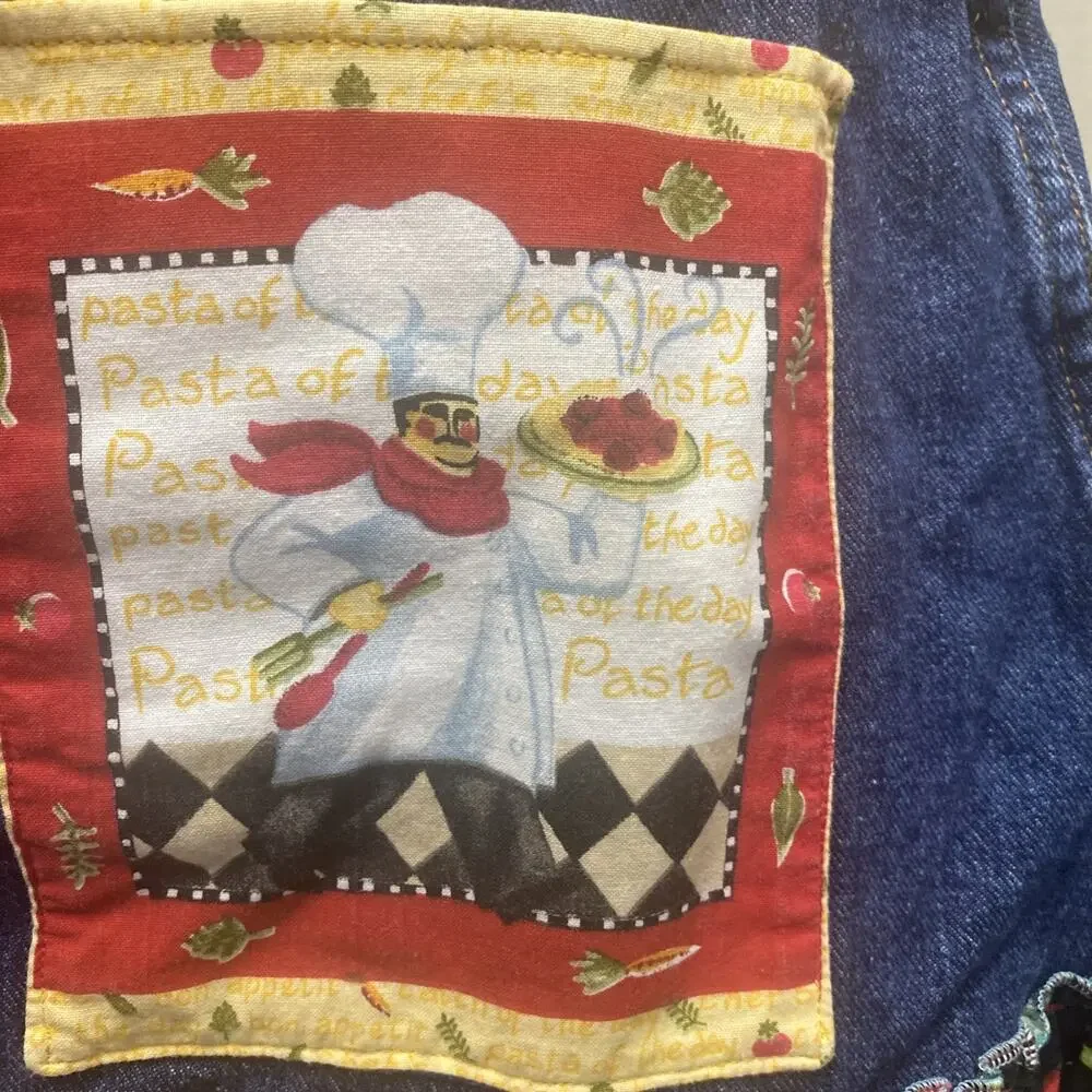 Hand Made Lee Denim Apron Red Hot, Chili Peppers, Lace, Trim, Chef Pockets
